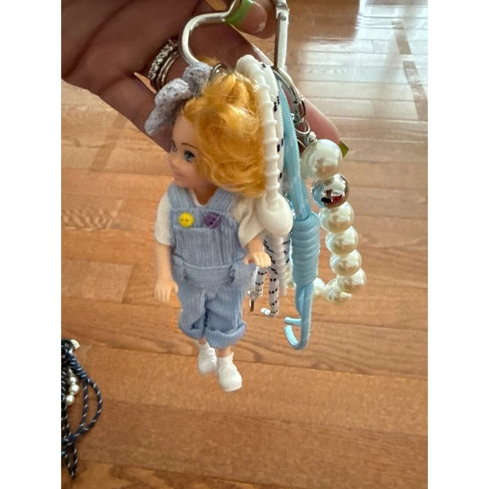Mezzo Piano Doll Keychain Blue Corduroy Overalls Pearl Paracord Bag Charm Y2K